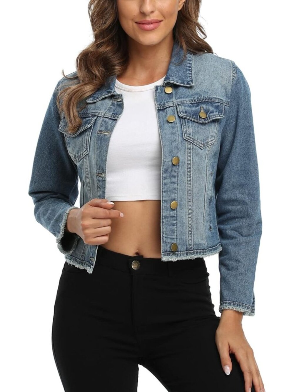 Women’s Blue Frayed Washed Button Up Cropped Denim Jacket w 2 Side Pockets